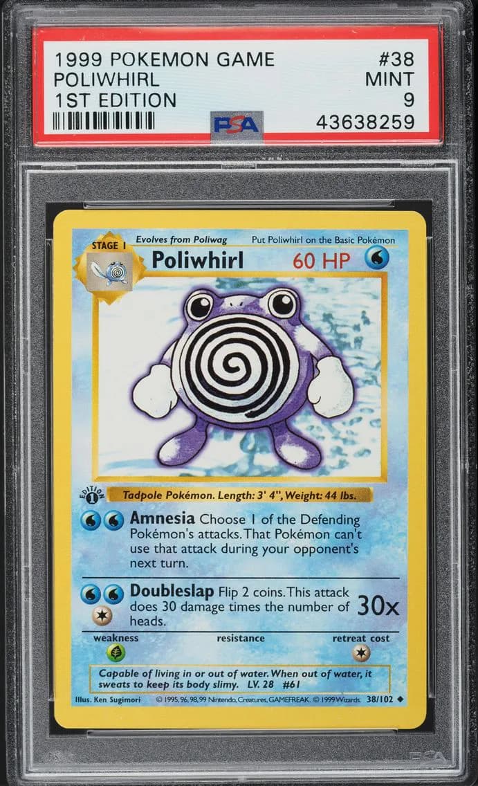 BASE SET SHADOWLESS 1ST EDITION POLIWHIRL, PSA 9