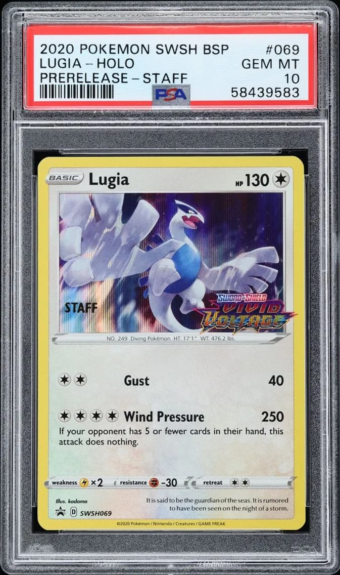 Pokemon Sword & Shield Vivid Voltage Prerelease Staff Holo Lugia #69, PSA 10