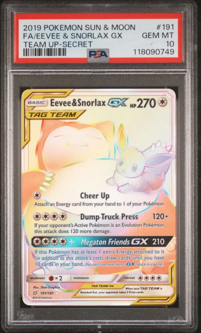 Full Art/Eevee & Snorlax GX, PSA 10