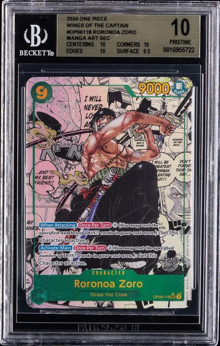 RORONOA ZORO MANGA ART SEC BGS 10 ONE PIECE ONE PIECE CARD WINGS OF THE CAPTIAN, BGS Pristine 10