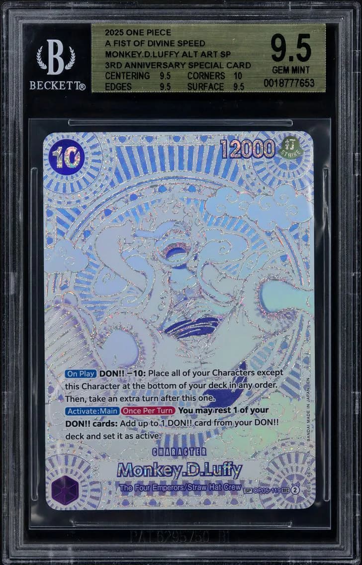 Monkey.D.Luffy SILVER SP/(3rd Anniversary Special Card) BGS 9.5 One Piece Card Game A Fist of Divine Speed, BGS 9.5