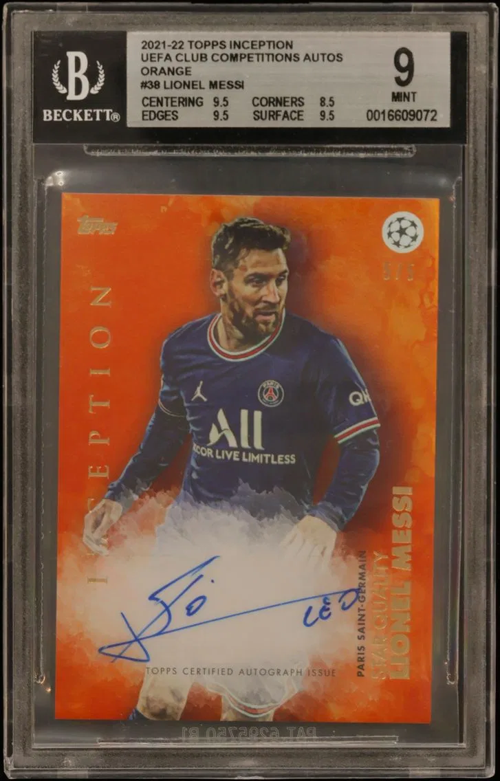 Lionel Messi BGS 9 Topps Inception UEFA Club Competitions Autographs Orange, BGS 9