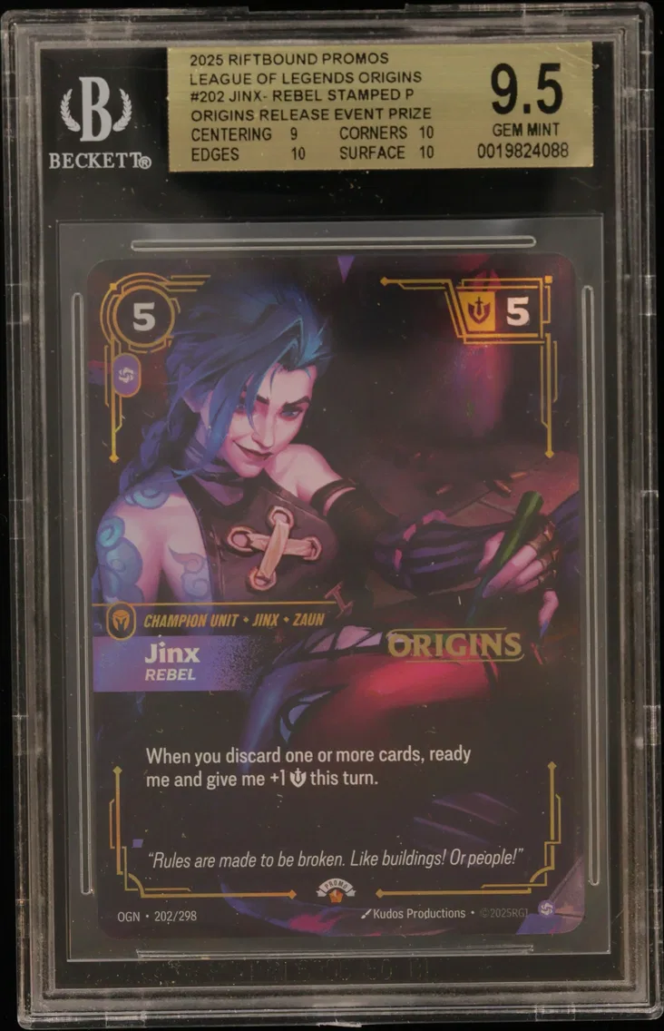 Jinx - Rebel STAMP P/(Origins Release Event Prize Pack) BGS 9.5 Riftbound: League of Legends TCG Origins Promos, BGS 9.5