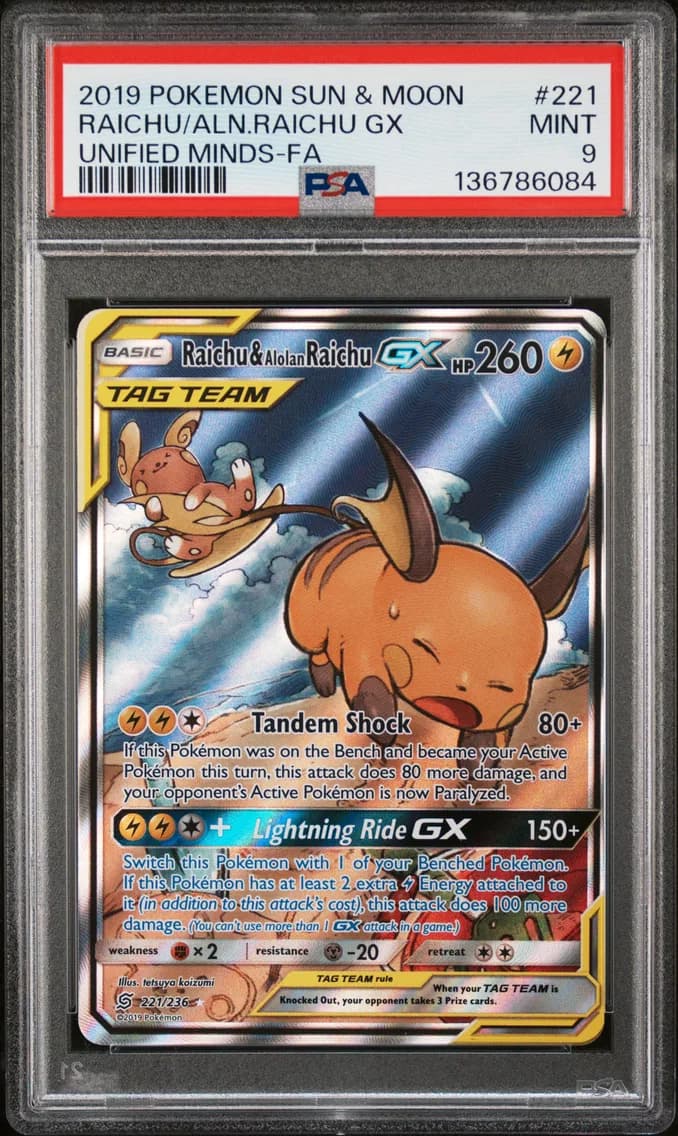 Full Art/Raichu & Alolan Raichu GX, PSA 9