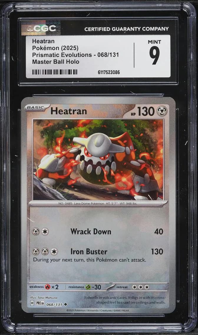 Pokemon Scarlet & Violet Prismatic Evolutions Master Ball Holo Heatran #68, CGC 9