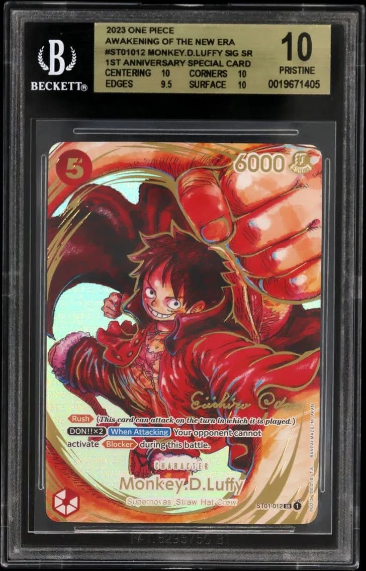 Monkey.D.Luffy SIGNED SR/(1st Anniversary Special Card) BGS 10 One Piece Card Game Awakening of the New Era, BGS 10